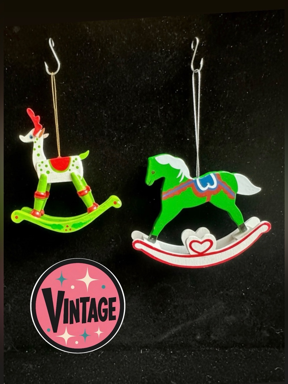 Vintage 70s–80s Wooden Folk Art Equestrian Rocking Horse & Reindeer Ornament LOT